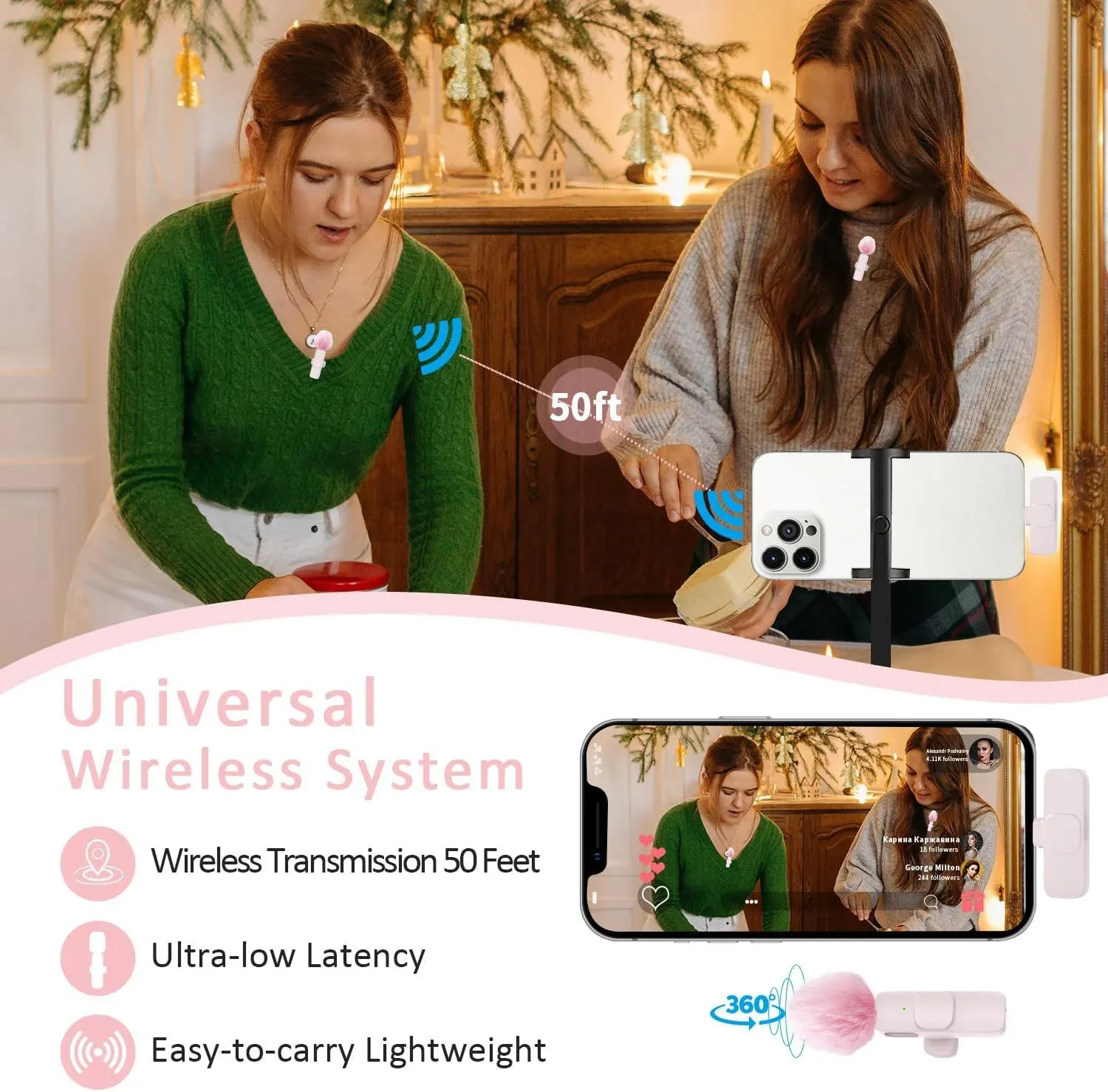 Micro-cravate sans fil rose K60, mini micro portable pour smartphone, idéal pour le streaming en direct et l'enregistrement vidéo 6