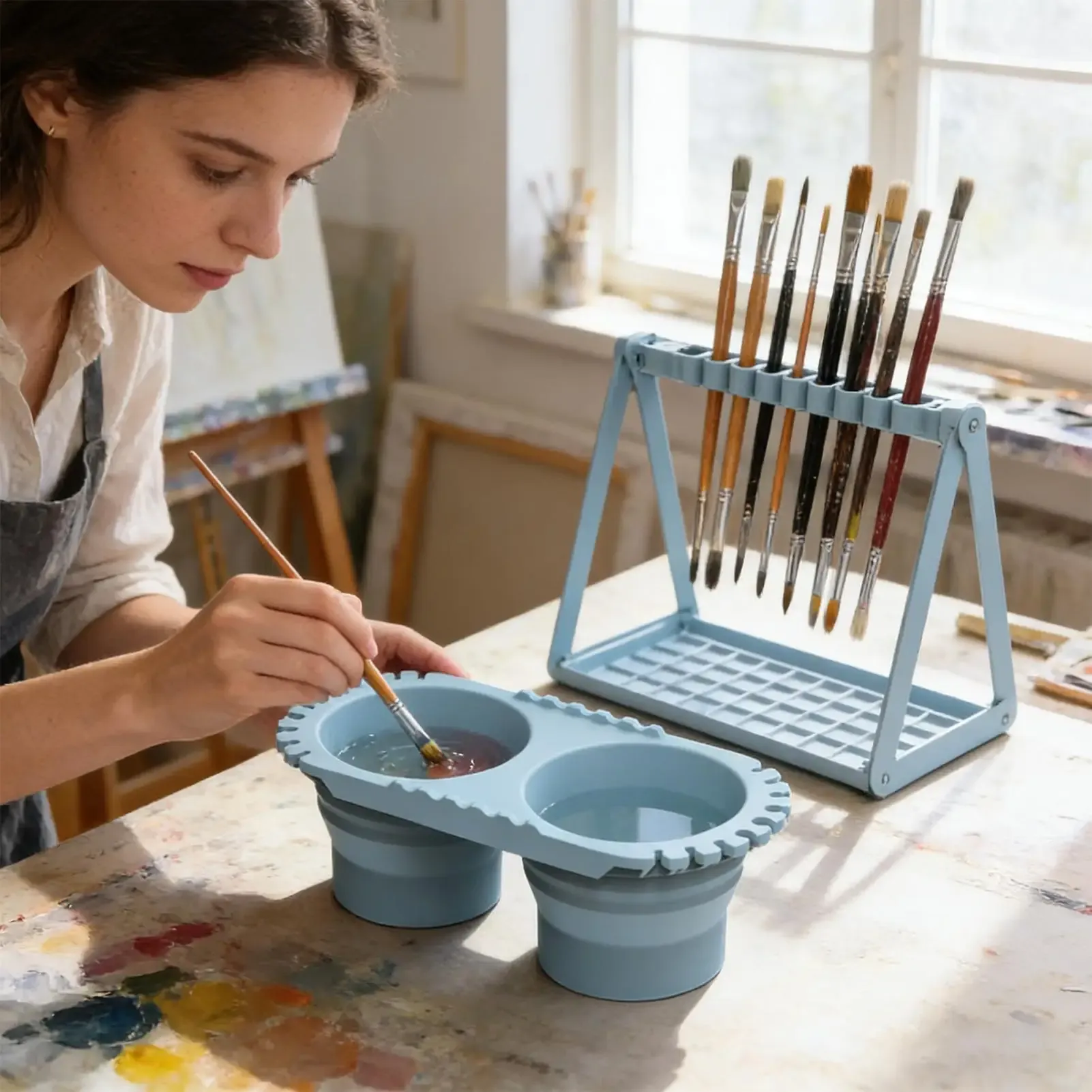 Seau de lavage de pinceaux 3 en 1 pliable en silicone pour l'art, les pigments en poudre et le mélange de couleurs