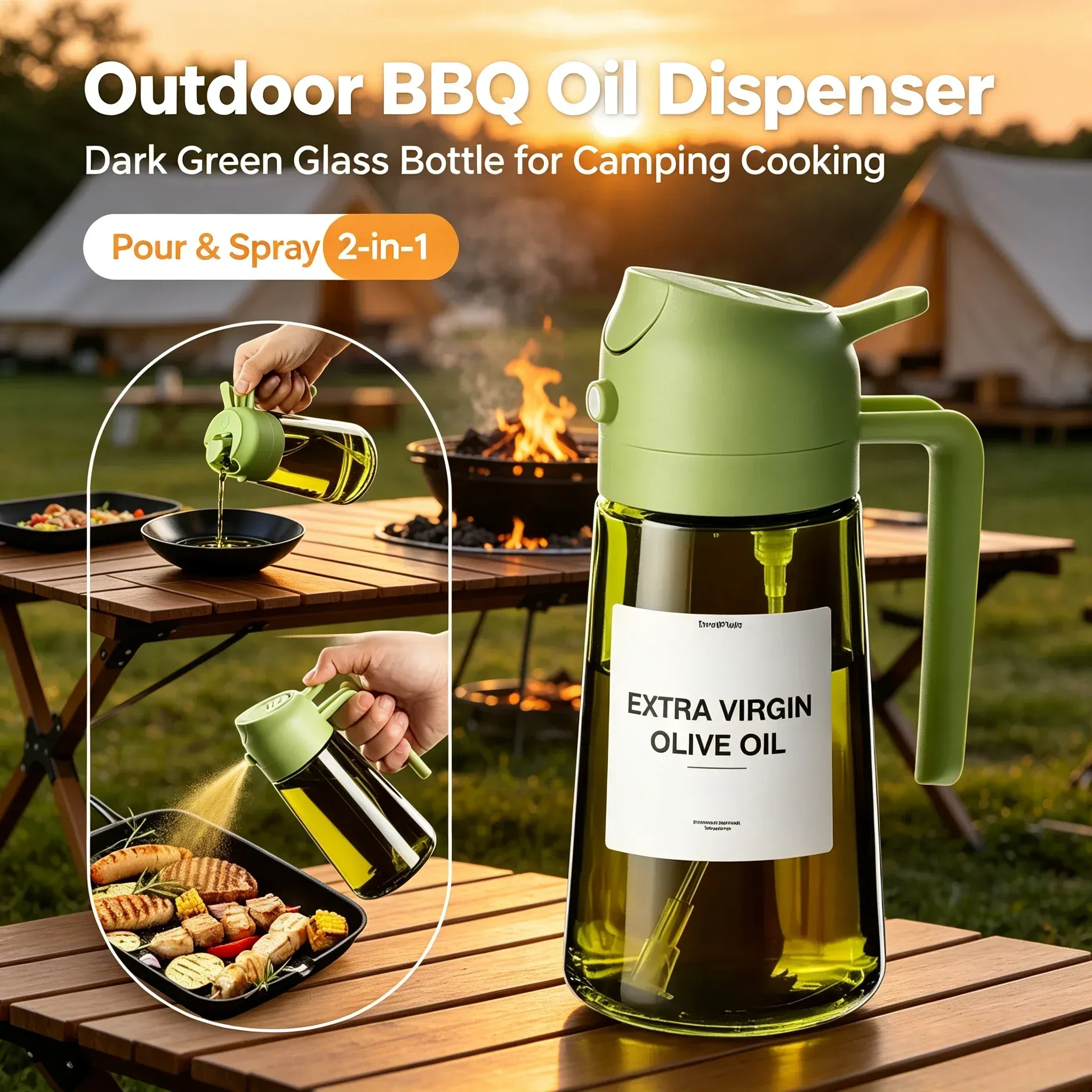 Distributeur d'huile d'olive 2 en 1 pour la cuisine, pulvérisateur et verseur, idéal pour le camping, le barbecue et la cuisine à la maison - Image 1