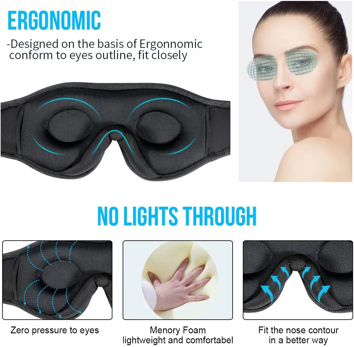 Masque pour les yeux 3D avec écouteurs de sommeil Bluetooth, haut-parleurs HD intégrés et fonction de lecture de musique 5