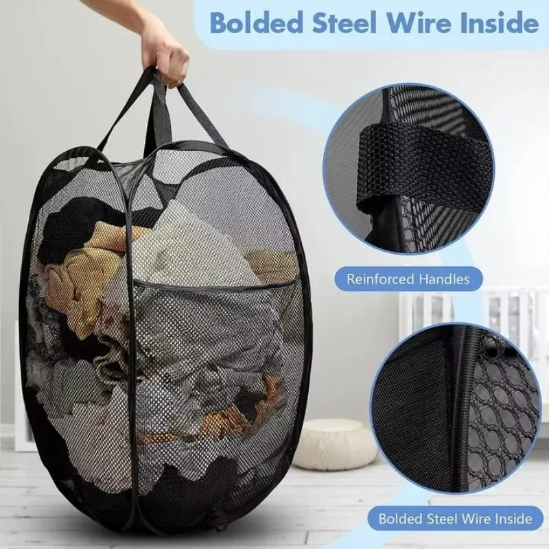 Panier à linge pliant avec cadre de rangement, sac en maille pour salle de bain 5