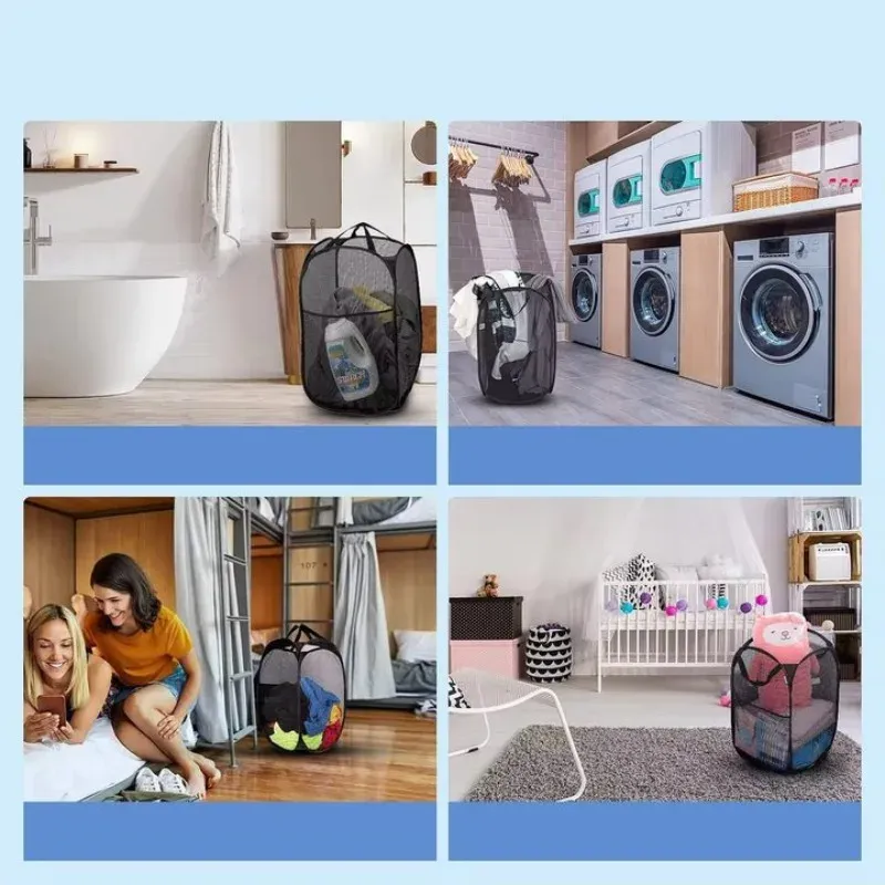 Panier à linge pliant avec cadre de rangement, sac en maille pour salle de bain 6