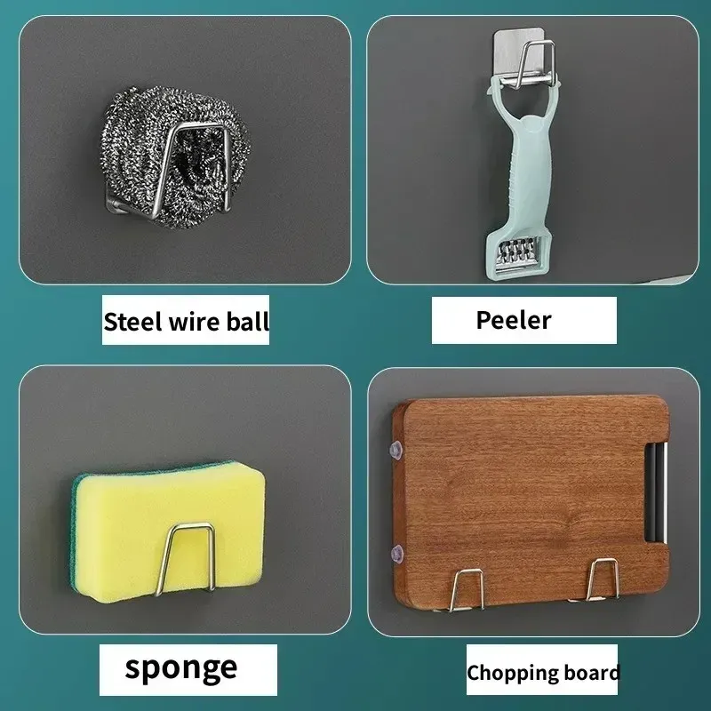 Porte-éponges de cuisine en acier inoxydable, étagère d'évier, supports adhésifs, support de séchage, crochets muraux, organisateur de rangement d'accessoires 5