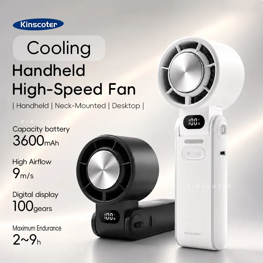 Ventilateur portable pliable KINSCOTER pour extérieur, mini ventilateur de refroidissement rechargeable 3600 mAh, réglage à 100 niveaux de vitesse, turbo haute vitesse