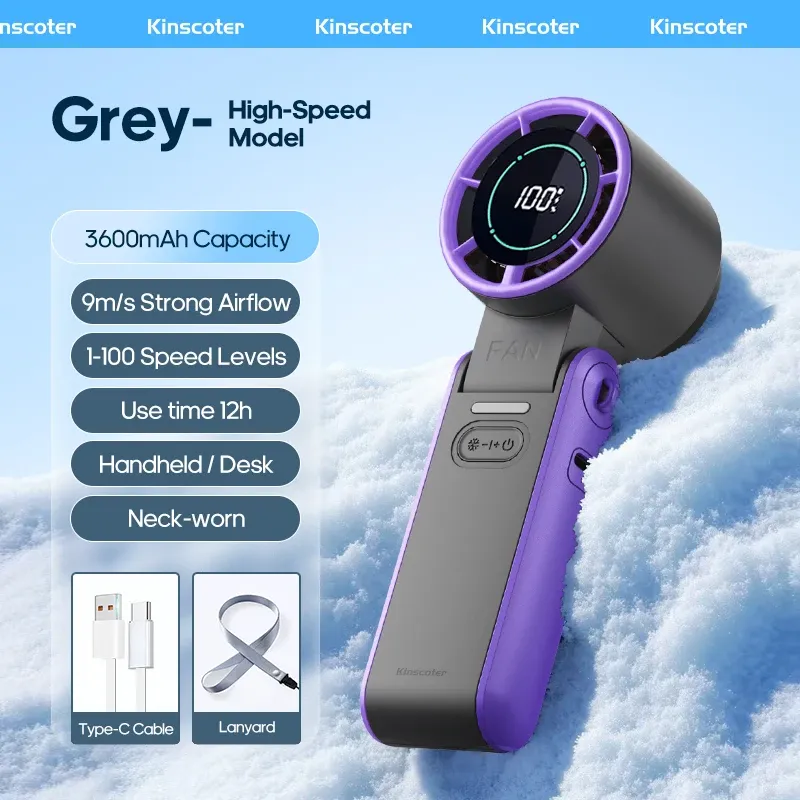 Ventilateur portable pliable KINSCOTER pour extérieur, mini ventilateur de refroidissement rechargeable 3600 mAh, réglage à 100 niveaux de vitesse, turbo haute vitesse 10