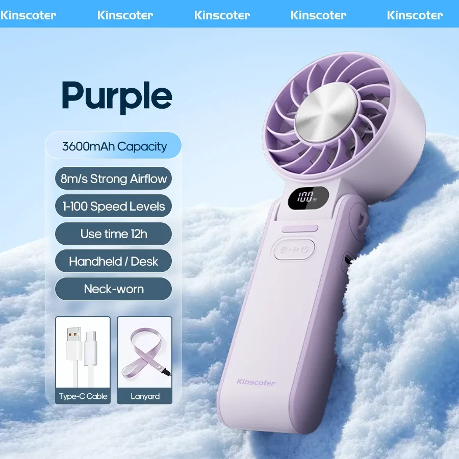 Ventilateur portable pliable KINSCOTER pour extérieur, mini ventilateur de refroidissement rechargeable 3600 mAh, réglage à 100 niveaux de vitesse, turbo haute vitesse 13