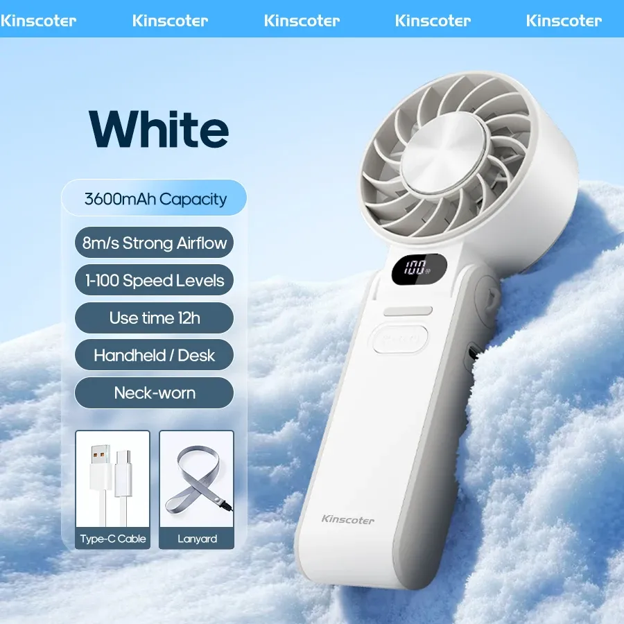 Ventilateur portable pliable KINSCOTER pour extérieur, mini ventilateur de refroidissement rechargeable 3600 mAh, réglage à 100 niveaux de vitesse, turbo haute vitesse 14