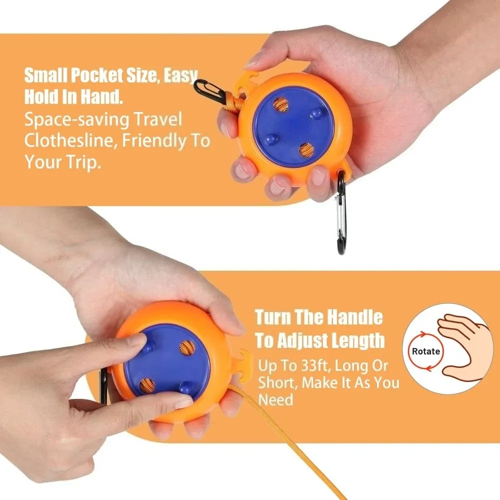 Corde à linge rétractable de 10 m pour extérieur, portable, pour voyage, camping, avec mousqueton 3