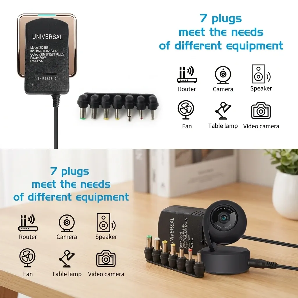 Adaptateur secteur réglable 3 V à 12 V, convertisseur AC 220 V vers DC, 7 à 30 W, prises EU/US 3