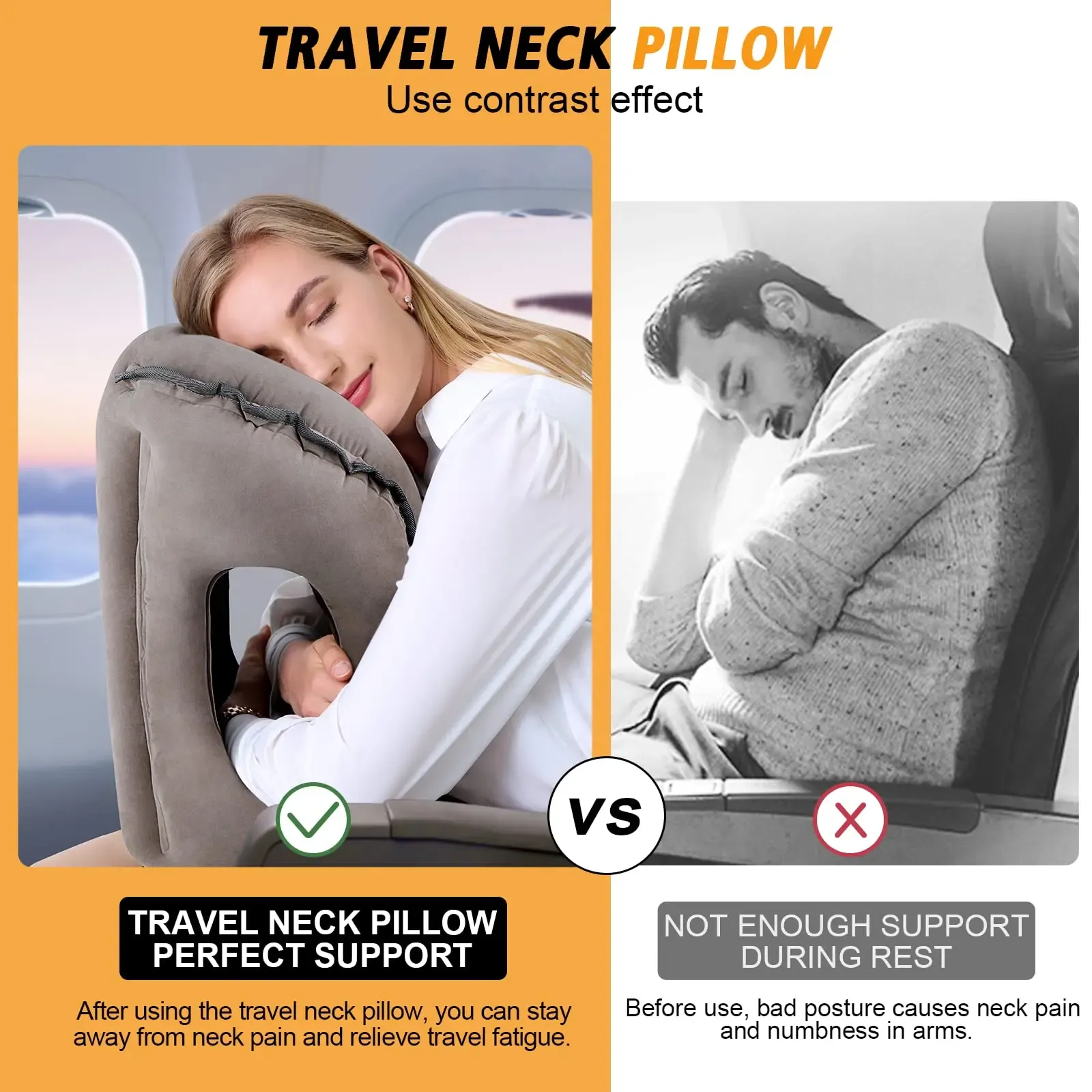 Oreiller de voyage gonflable pour le cou, avec masque de sommeil et bouchons d'oreilles, idéal pour l'avion, la voiture, le bus, le train et les siestes au bureau 3