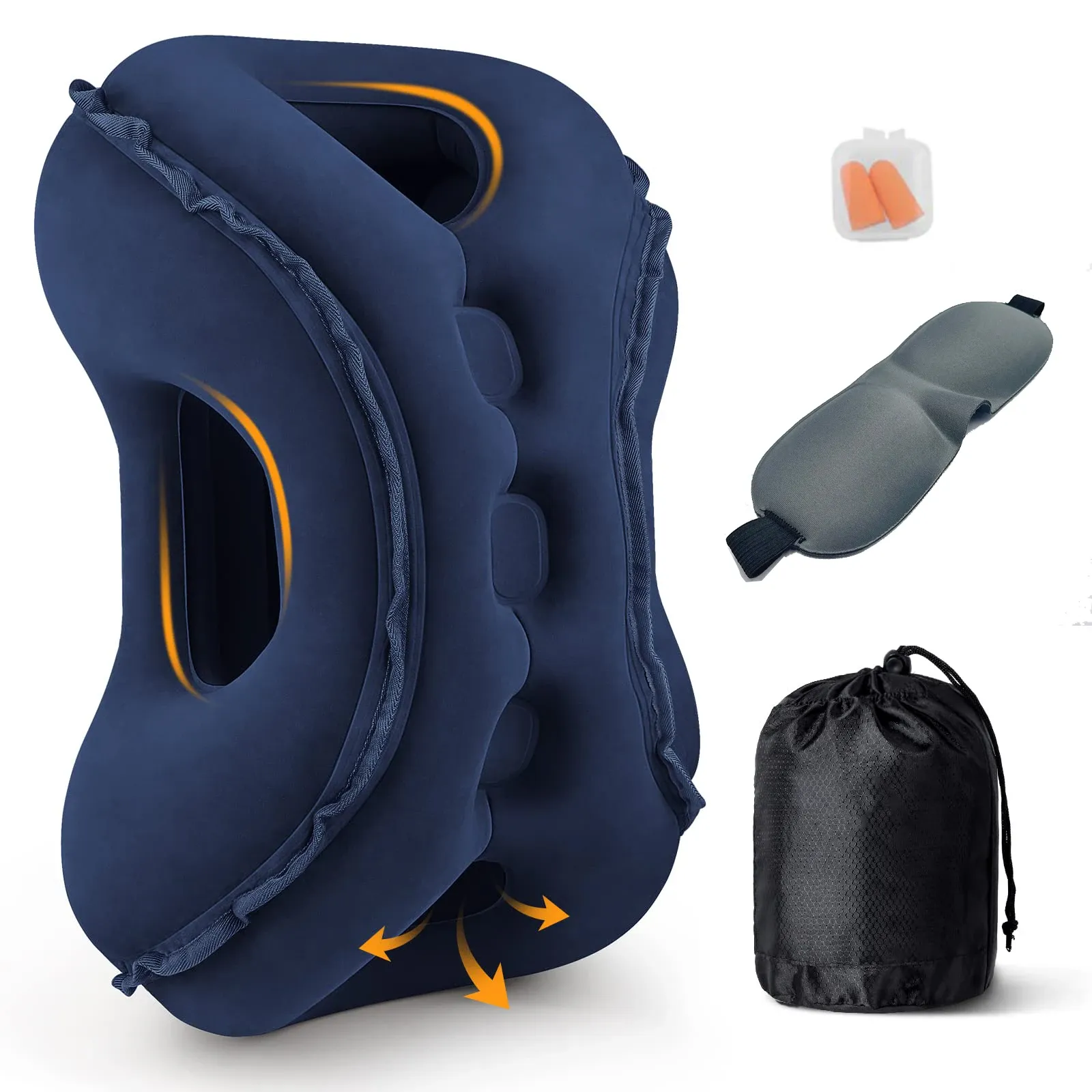 Oreiller de voyage gonflable pour le cou, avec masque de sommeil et bouchons d'oreilles, idéal pour l'avion, la voiture, le bus, le train et les siestes au bureau 7