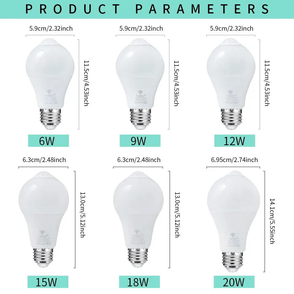 4 pièces Ampoule LED E27 à capteur radar de mouvement, 6 W, 9 W, 12 W, 15 W, 18 W et 20 W, 189-265 V, détection infrarouge, lampe intelligente fonctionnant la nuit 2