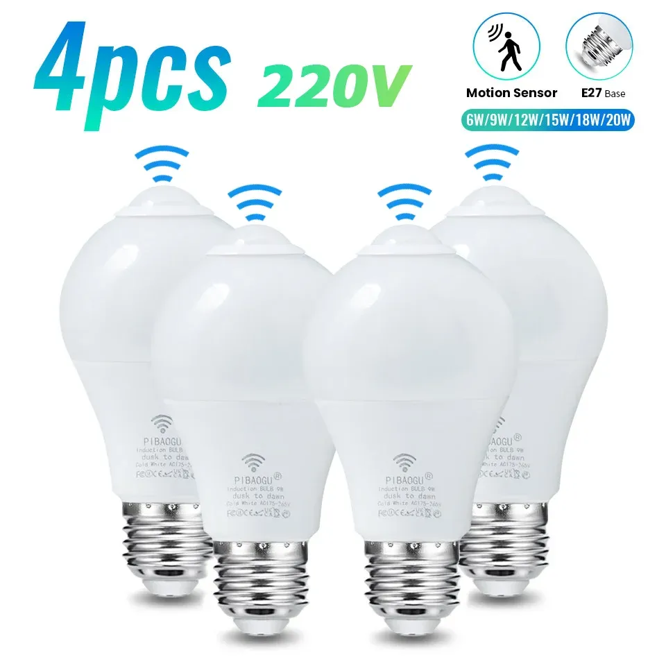 4 pièces Ampoule LED E27 à capteur radar de mouvement, 6 W, 9 W, 12 W, 15 W, 18 W et 20 W, 189-265 V, détection infrarouge, lampe intelligente fonctionnant la nuit