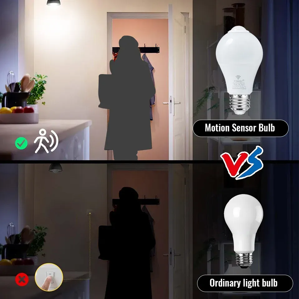 4 pièces Ampoule LED E27 à capteur radar de mouvement, 6 W, 9 W, 12 W, 15 W, 18 W et 20 W, 189-265 V, détection infrarouge, lampe intelligente fonctionnant la nuit 4