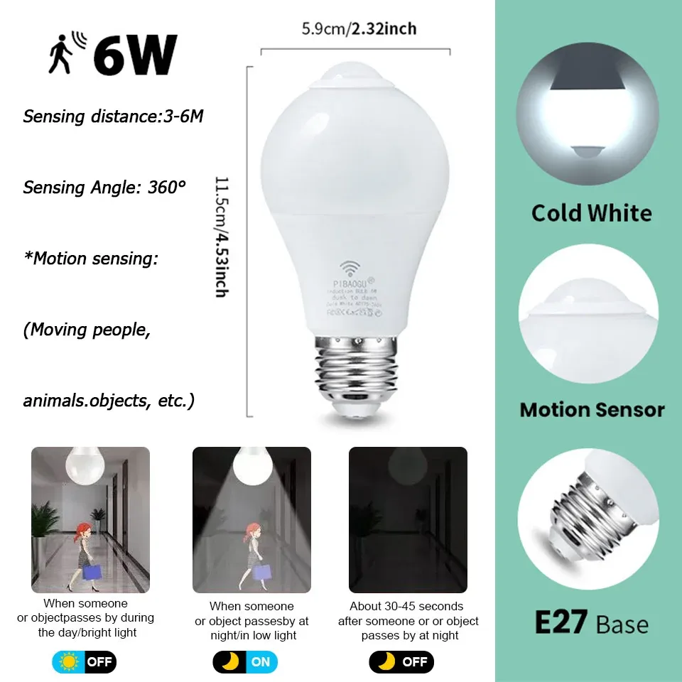 4 pièces Ampoule LED E27 à capteur radar de mouvement, 6 W, 9 W, 12 W, 15 W, 18 W et 20 W, 189-265 V, détection infrarouge, lampe intelligente fonctionnant la nuit 12
