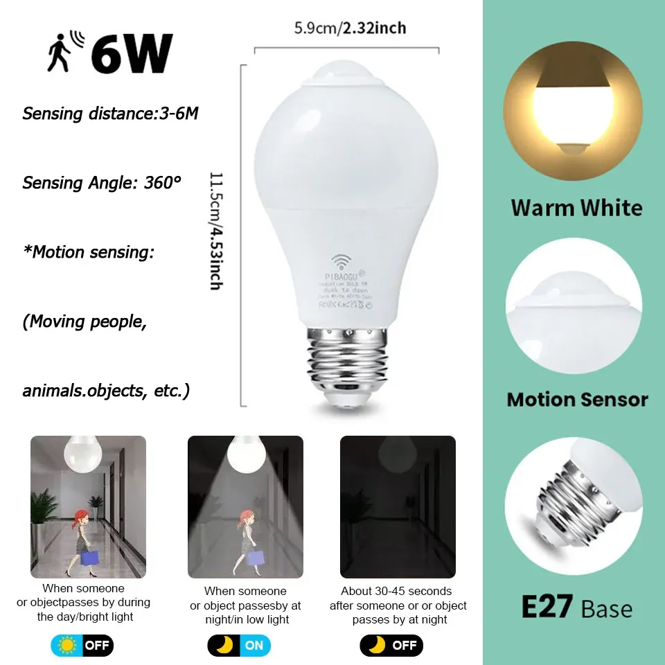 4 pièces Ampoule LED E27 à capteur radar de mouvement, 6 W, 9 W, 12 W, 15 W, 18 W et 20 W, 189-265 V, détection infrarouge, lampe intelligente fonctionnant la nuit 14