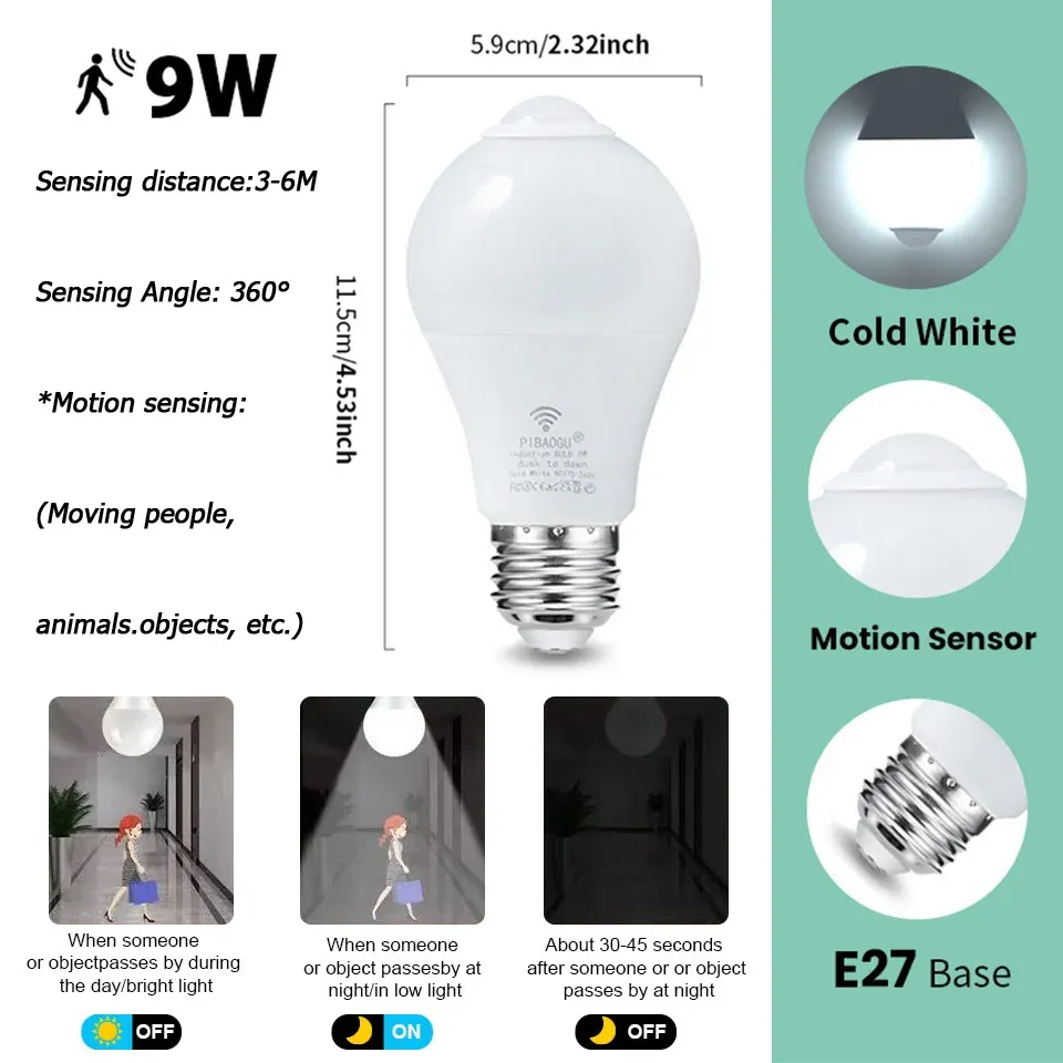 4 pièces Ampoule LED E27 à capteur radar de mouvement, 6 W, 9 W, 12 W, 15 W, 18 W et 20 W, 189-265 V, détection infrarouge, lampe intelligente fonctionnant la nuit 13