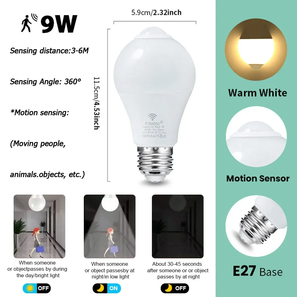4 pièces Ampoule LED E27 à capteur radar de mouvement, 6 W, 9 W, 12 W, 15 W, 18 W et 20 W, 189-265 V, détection infrarouge, lampe intelligente fonctionnant la nuit 16