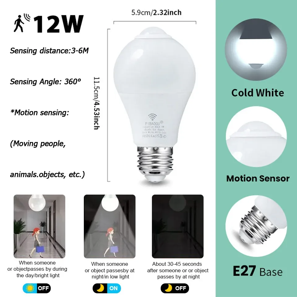 4 pièces Ampoule LED E27 à capteur radar de mouvement, 6 W, 9 W, 12 W, 15 W, 18 W et 20 W, 189-265 V, détection infrarouge, lampe intelligente fonctionnant la nuit 15