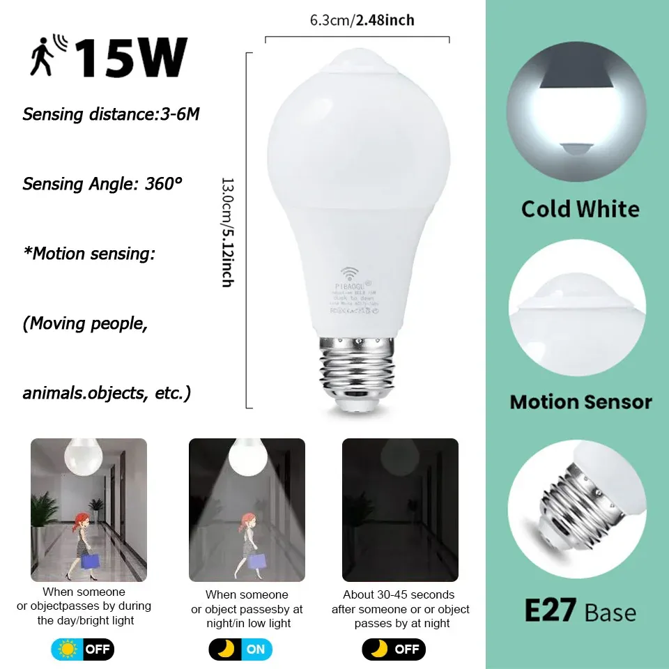 4 pièces Ampoule LED E27 à capteur radar de mouvement, 6 W, 9 W, 12 W, 15 W, 18 W et 20 W, 189-265 V, détection infrarouge, lampe intelligente fonctionnant la nuit 17