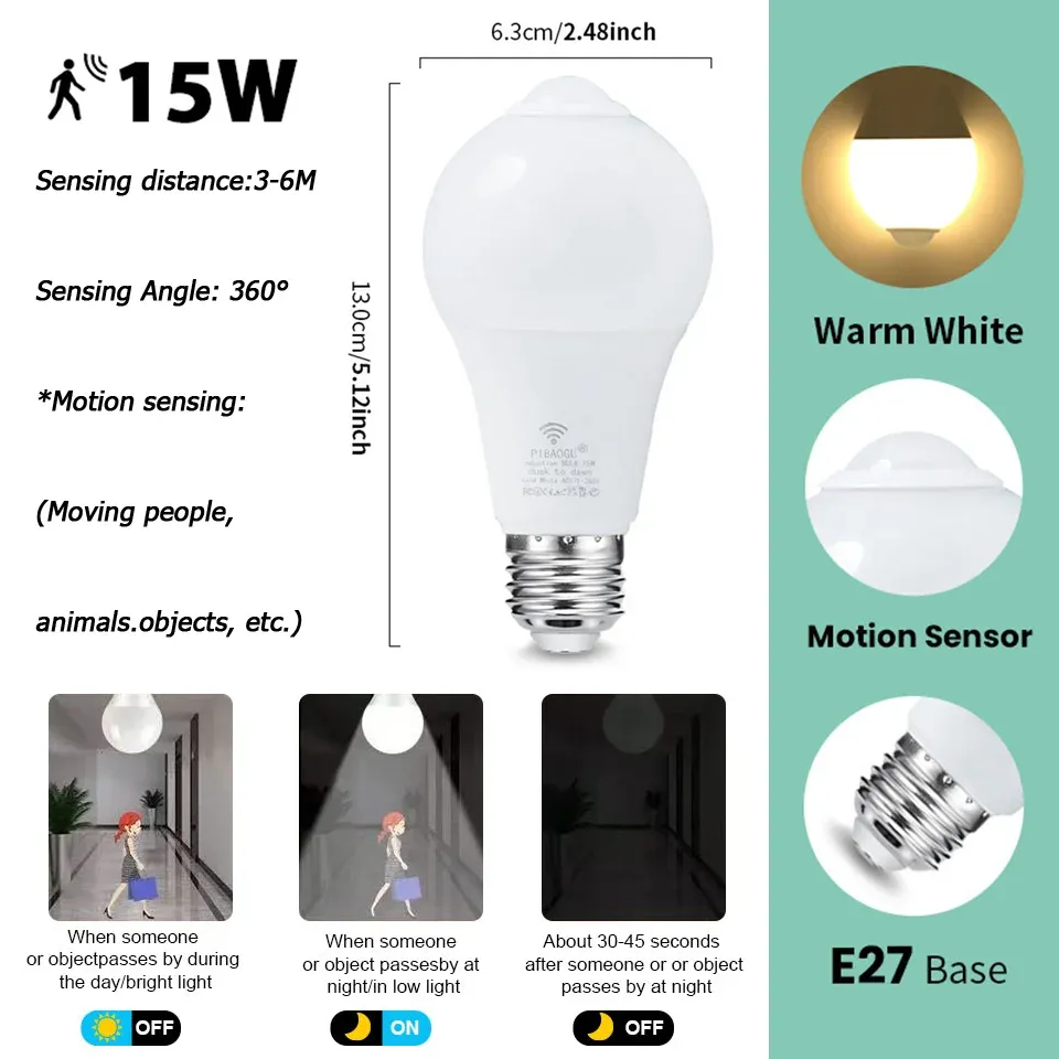 4 pièces Ampoule LED E27 à capteur radar de mouvement, 6 W, 9 W, 12 W, 15 W, 18 W et 20 W, 189-265 V, détection infrarouge, lampe intelligente fonctionnant la nuit 8