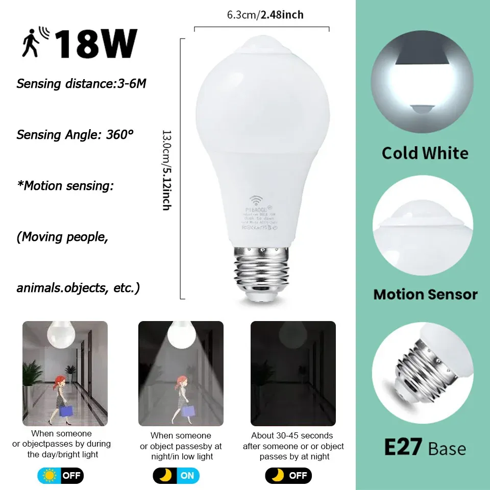 4 pièces Ampoule LED E27 à capteur radar de mouvement, 6 W, 9 W, 12 W, 15 W, 18 W et 20 W, 189-265 V, détection infrarouge, lampe intelligente fonctionnant la nuit 7
