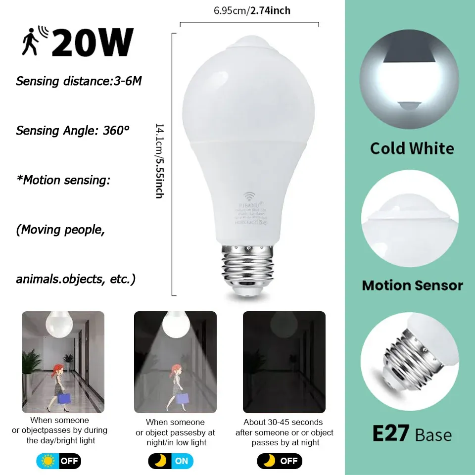 4 pièces Ampoule LED E27 à capteur radar de mouvement, 6 W, 9 W, 12 W, 15 W, 18 W et 20 W, 189-265 V, détection infrarouge, lampe intelligente fonctionnant la nuit 9