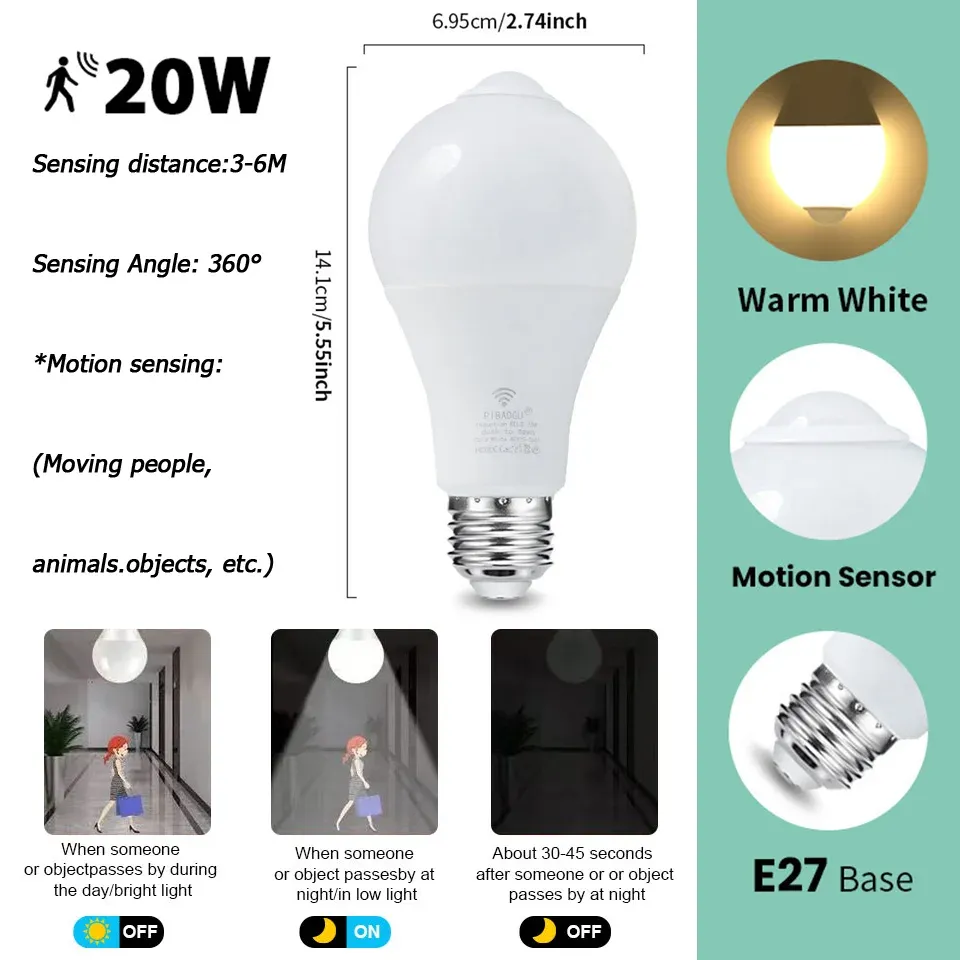4 pièces Ampoule LED E27 à capteur radar de mouvement, 6 W, 9 W, 12 W, 15 W, 18 W et 20 W, 189-265 V, détection infrarouge, lampe intelligente fonctionnant la nuit 11