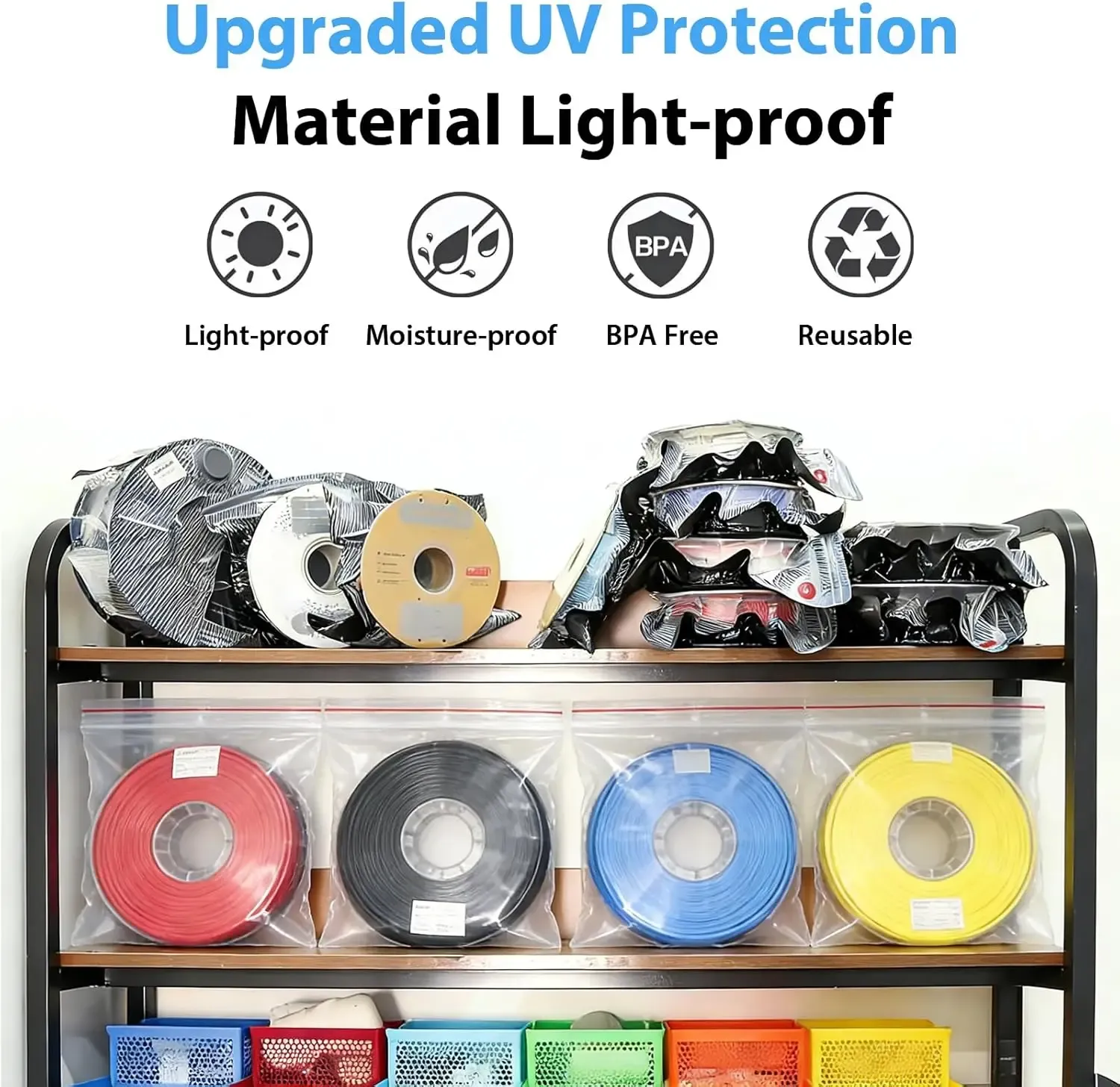 Sac de rangement sous vide pour filament noir (PLA, ABS, PETG) avec 10 déshydratants, pompe automatique et 5 pinces de scellage pour impression 3D 2