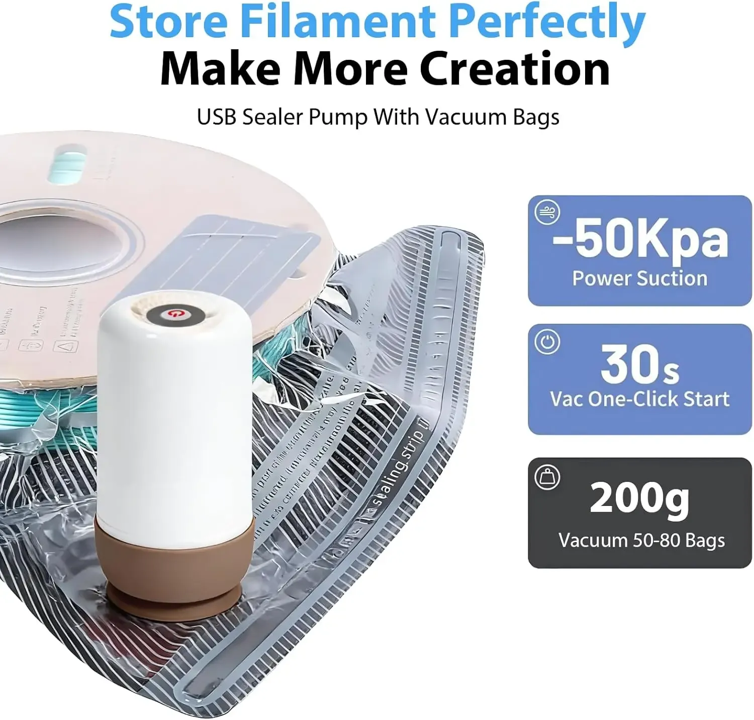 Sac de rangement sous vide pour filament noir (PLA, ABS, PETG) avec 10 déshydratants, pompe automatique et 5 pinces de scellage pour impression 3D 4