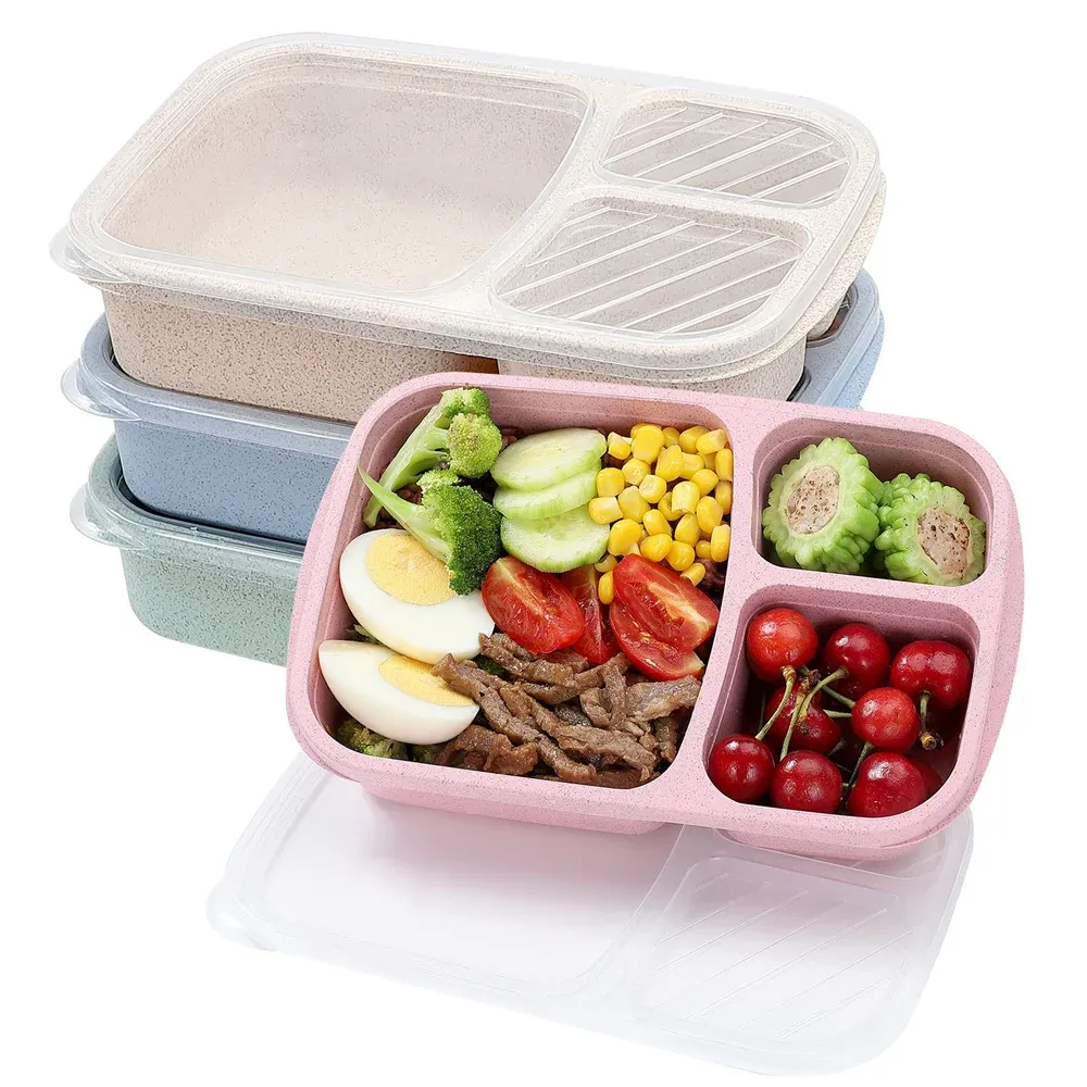 Ensemble de 2 boîtes à lunch Bento à 3 compartiments en paille de blé pour la préparation des repas - Image 1
