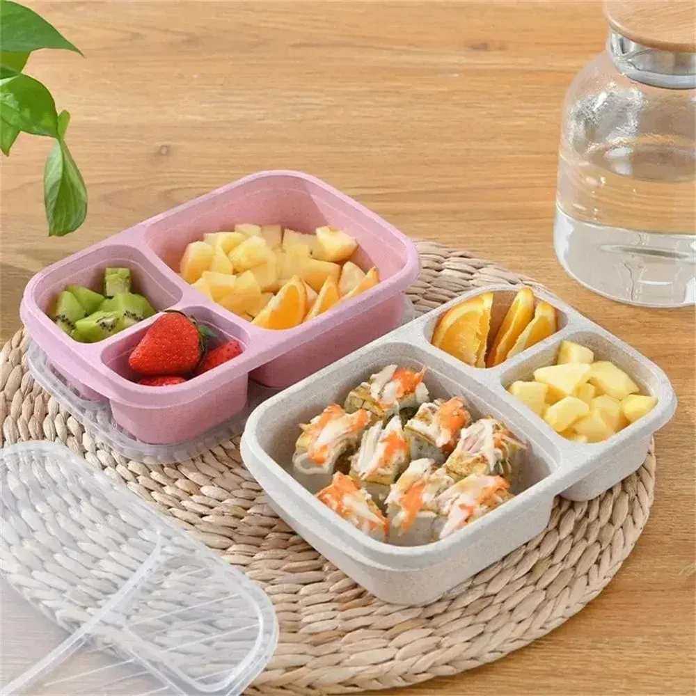 Ensemble de 2 boîtes à lunch Bento à 3 compartiments en paille de blé pour la préparation des repas 6