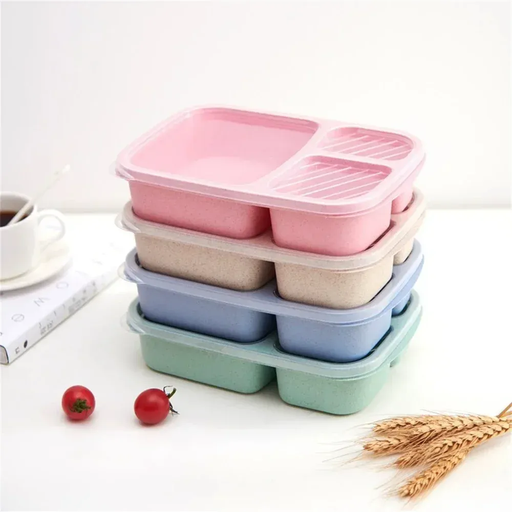 Ensemble de 2 boîtes à lunch Bento à 3 compartiments en paille de blé pour la préparation des repas 7