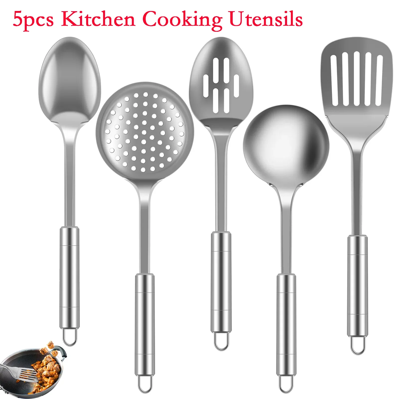 Ensemble de 5 ustensiles de cuisine en acier inoxydable : pelle, cuillère à soupe, spatule et ustensiles de table
