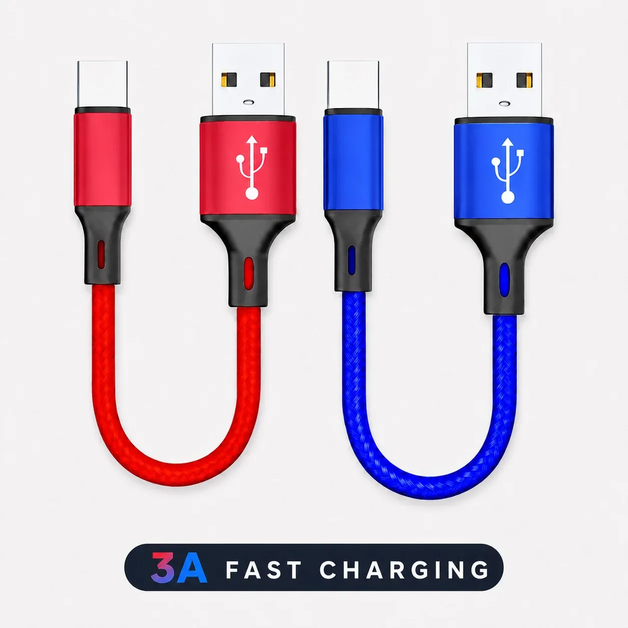 Câble USB-A vers USB-C court 0,25 m, charge rapide 3 A, transfert de données, cordon en nylon tressé pour batterie externe, iPhone 15, Samsung, smartphone Android