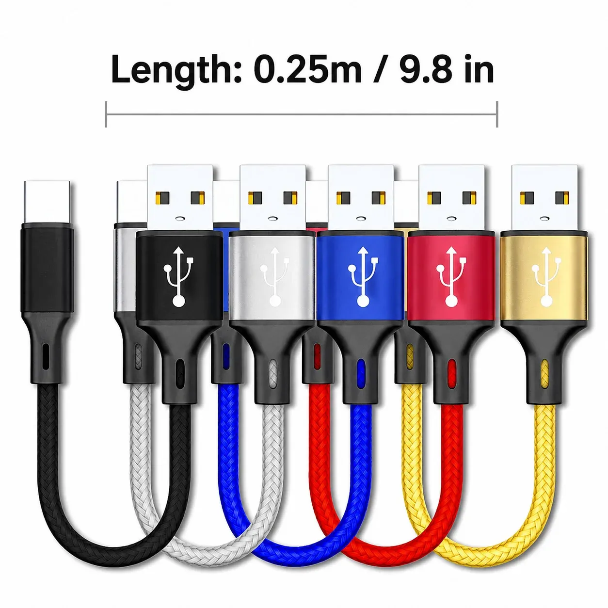 Câble USB-A vers USB-C court 0,25 m, charge rapide 3 A, transfert de données, cordon en nylon tressé pour batterie externe, iPhone 15, Samsung, smartphone Android 6