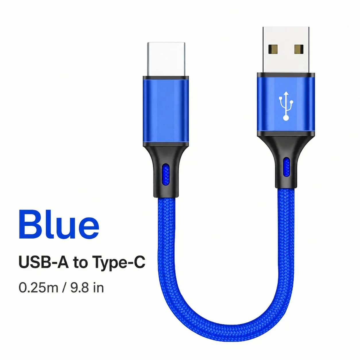 Câble USB-A vers USB-C court 0,25 m, charge rapide 3 A, transfert de données, cordon en nylon tressé pour batterie externe, iPhone 15, Samsung, smartphone Android 7