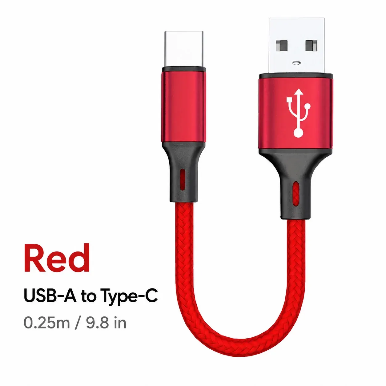 Câble USB-A vers USB-C court 0,25 m, charge rapide 3 A, transfert de données, cordon en nylon tressé pour batterie externe, iPhone 15, Samsung, smartphone Android 9