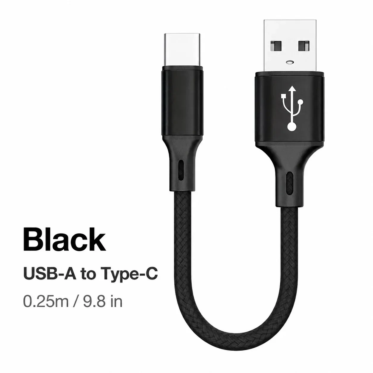 Câble USB-A vers USB-C court 0,25 m, charge rapide 3 A, transfert de données, cordon en nylon tressé pour batterie externe, iPhone 15, Samsung, smartphone Android 8