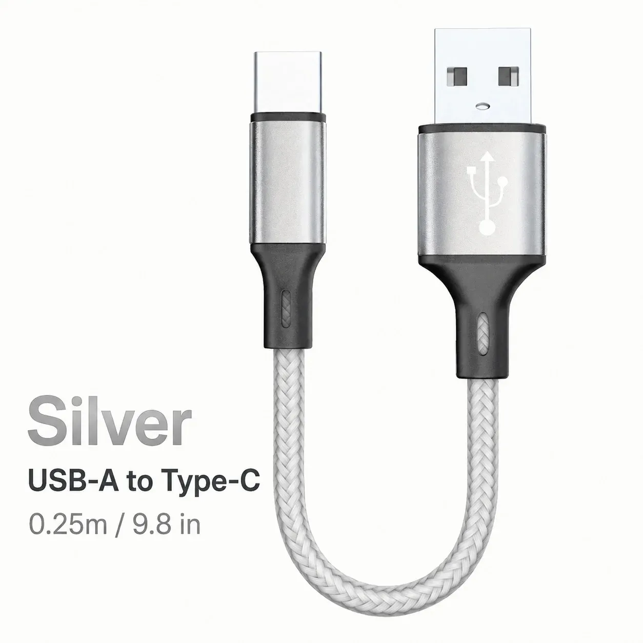 Câble USB-A vers USB-C court 0,25 m, charge rapide 3 A, transfert de données, cordon en nylon tressé pour batterie externe, iPhone 15, Samsung, smartphone Android 11