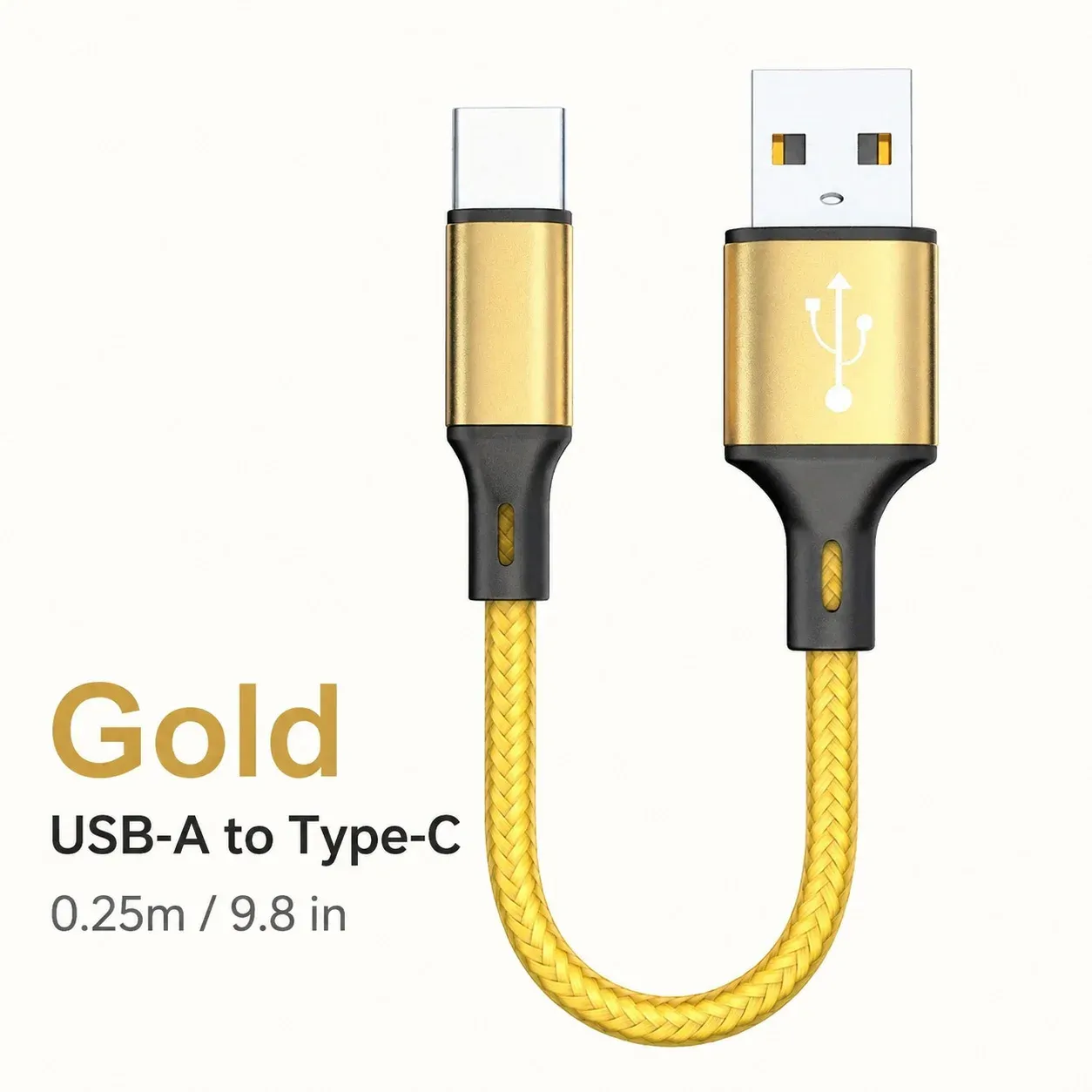 Câble USB-A vers USB-C court 0,25 m, charge rapide 3 A, transfert de données, cordon en nylon tressé pour batterie externe, iPhone 15, Samsung, smartphone Android 10
