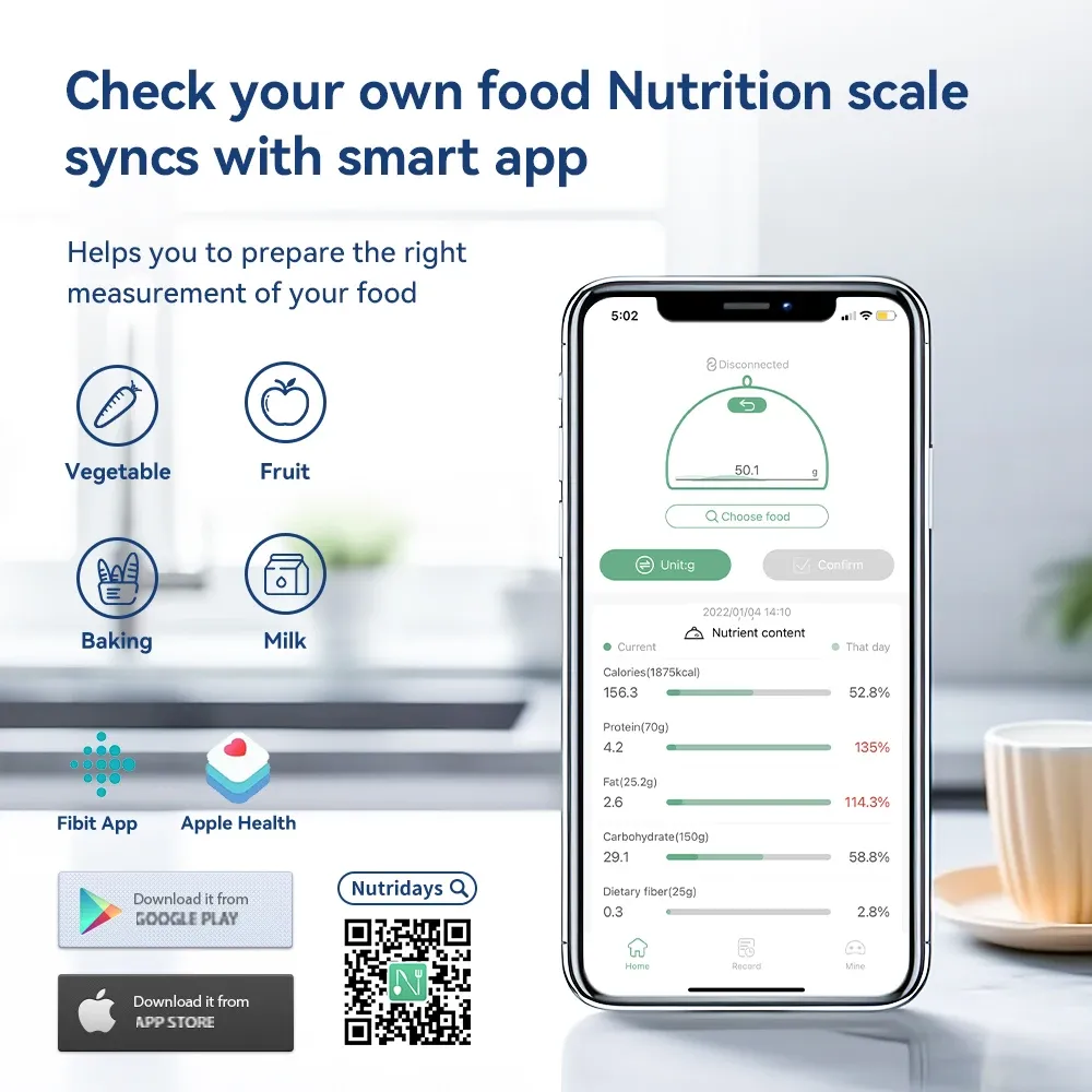 Balance de cuisine intelligente 5 kg, précision 0,1 g, avec application de calcul nutritionnel 6