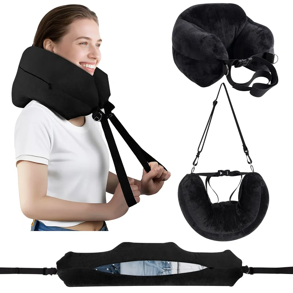 Oreiller de voyage confortable, réglable, en forme de U, lavable, multifonctionnel, pliable, portable, pour avion