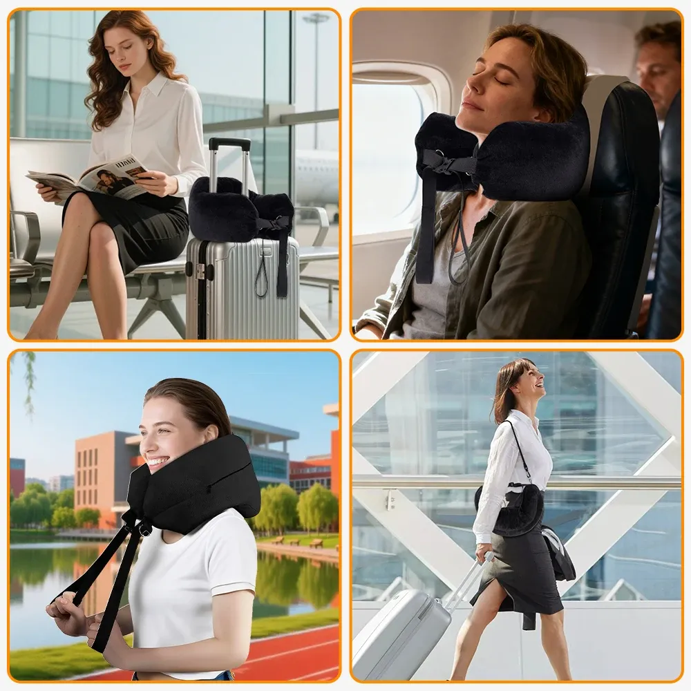 Oreiller de voyage confortable, réglable, en forme de U, lavable, multifonctionnel, pliable, portable, pour avion 4