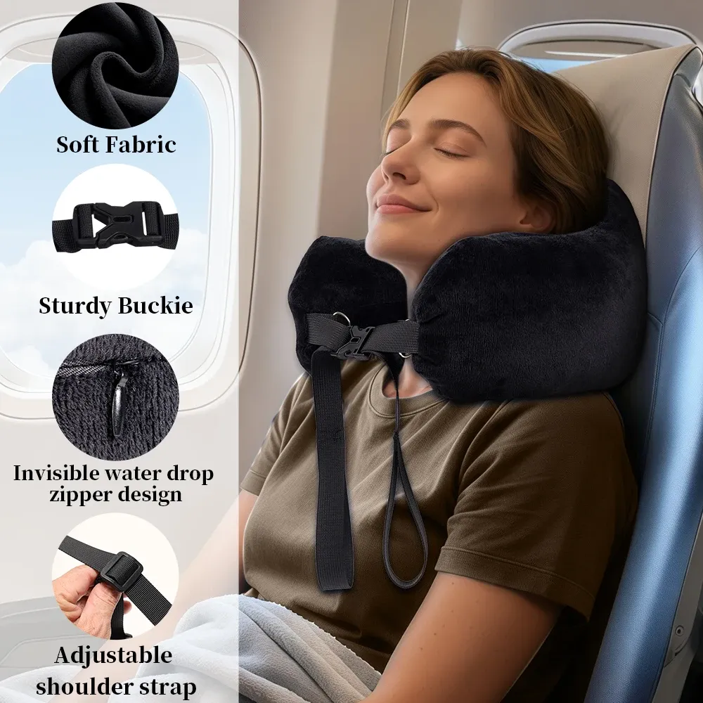 Oreiller de voyage confortable, réglable, en forme de U, lavable, multifonctionnel, pliable, portable, pour avion 6