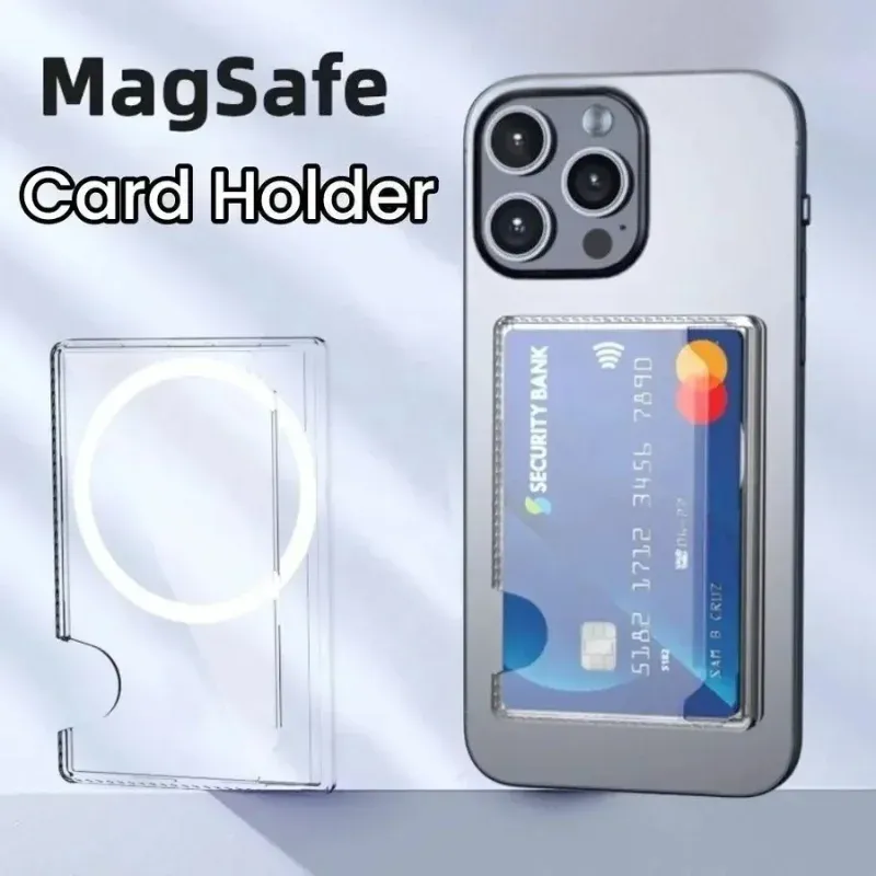 Étui magnétique transparent en PC avec porte-cartes adhésif au dos et aimant puissant, compatible iPhone 17 à 12 et Samsung 3
