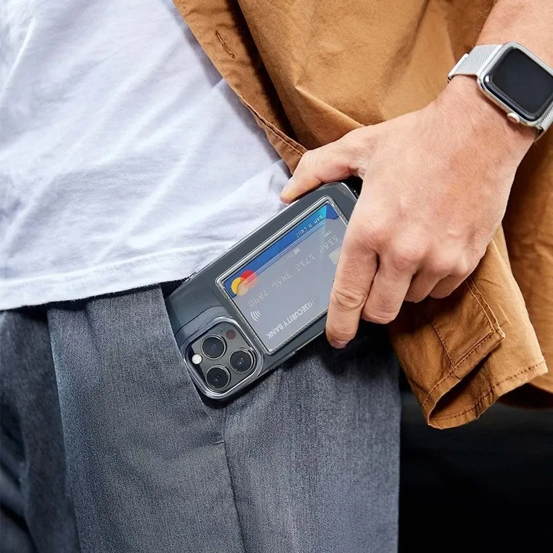 Étui magnétique transparent en PC avec porte-cartes adhésif au dos et aimant puissant, compatible iPhone 17 à 12 et Samsung 4