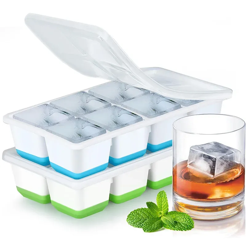 Grands bacs à glaçons en silicone, moules flexibles à démoulage facile avec couvercles, grands bacs à glaçons carrés pour whisky et cocktails - Image 1