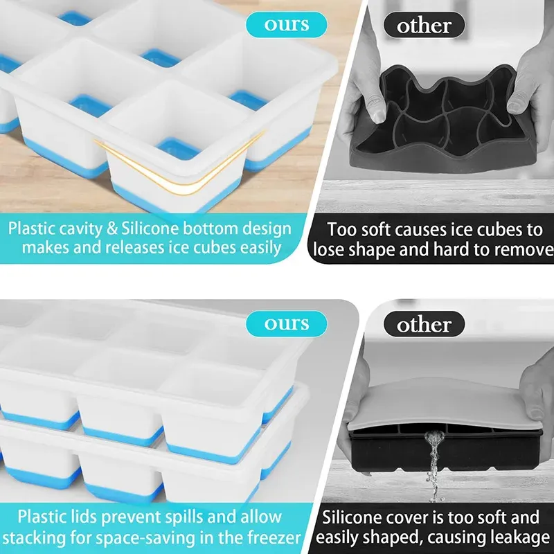 Grands bacs à glaçons en silicone, moules flexibles à démoulage facile avec couvercles, grands bacs à glaçons carrés pour whisky et cocktails 2