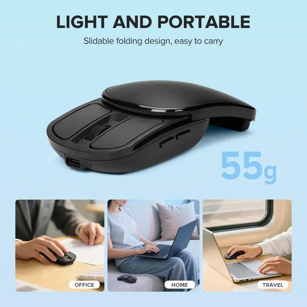 Souris pliable de poche sans fil 2.4G et Bluetooth 5.2, silencieuse, ultra-légère (55 g), pour MacBook, tablette et ordinateur portable 3